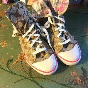 COACH BONNY HI TOP BROWN LOGO MADRAS SZ 7.5 B SNEAKERS
